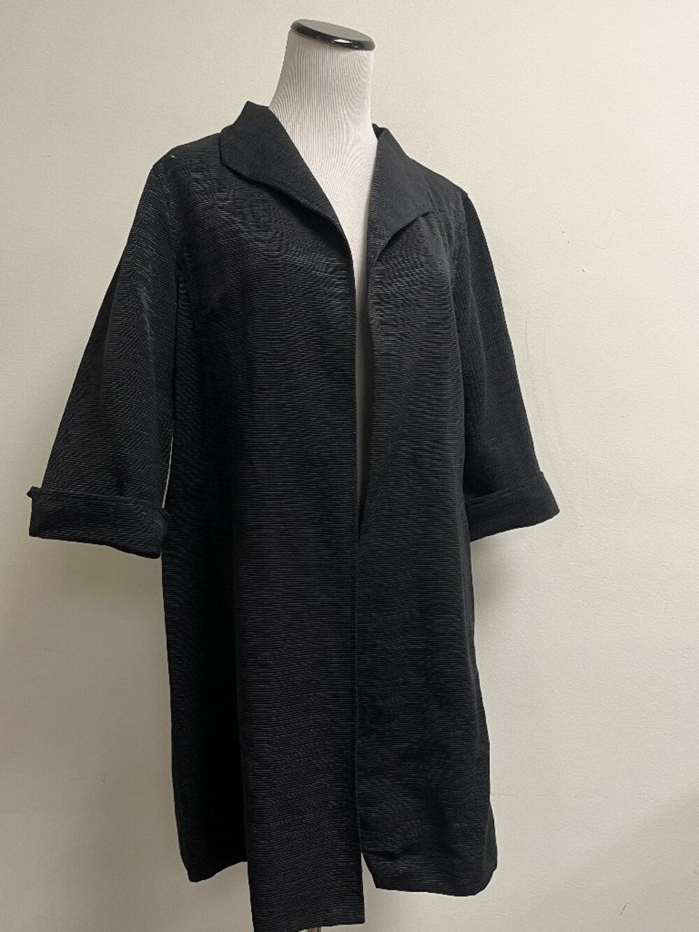 Eileen Fisher black jacket Duster M fine ribbed dressy open coat cotton faille